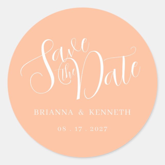 Einfache elegante Peach Wedding Save the Date Runder Aufkleber (Vorderseite)