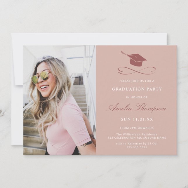 Einfache, elegante Pink-Foto-Graduierungsparty Einladung (Vorderseite)