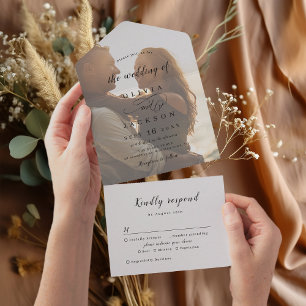 Einfache elegante romantische Schriftfoto-Hochzeit All In One Einladung