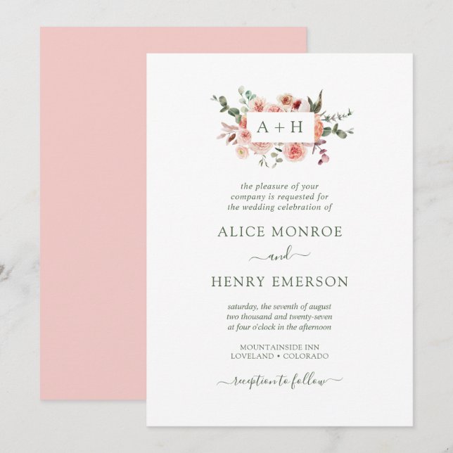 Einfache, elegante Rosa Rosen Grüne Hochzeit Einladung (Vorne/Hinten)