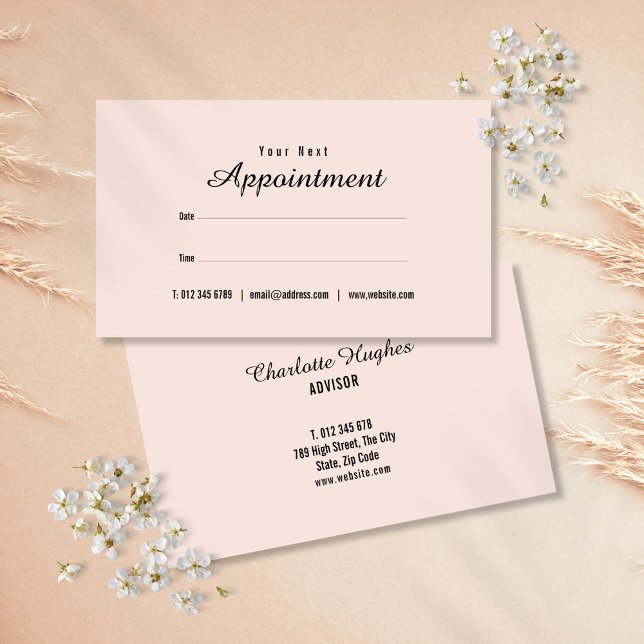 Einfache elegante Rosa-Script-Terminierungskarte Visitenkarte (Simple Elegant Blush Pink Script Appointment Card)