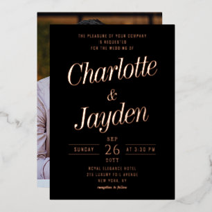 Einfache Elegante Rose Gold Script Foto Hochzeit Folieneinladung