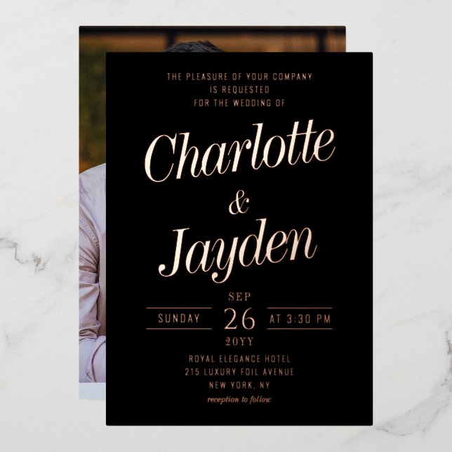 Einfache Elegante Rose Gold Script Foto Hochzeit Folieneinladung (Vorderseite/Rückseite)