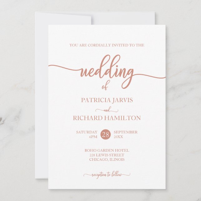 Einfache Elegante Rose Goldkalligraphie Hochzeit Einladung (Vorderseite)