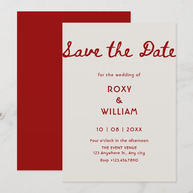 Einfache elegante rote Hochzeit Save The Date (Vorne/Hinten)
