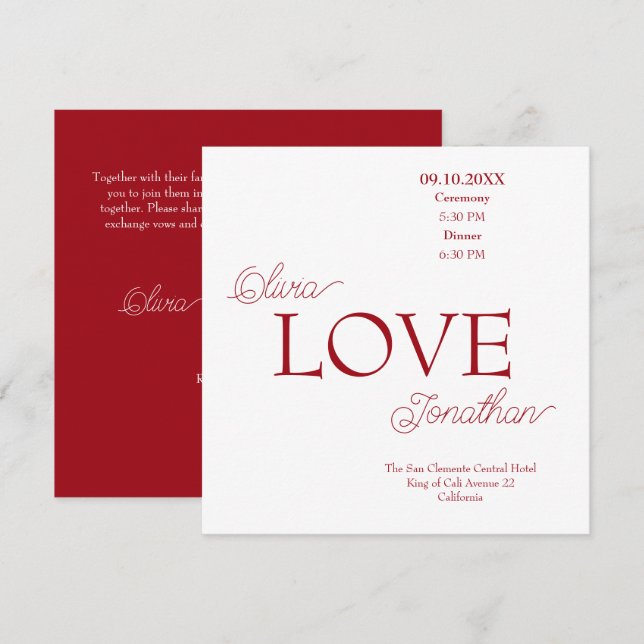 Einfache, elegante Rote Liebe Hochzeit Einladung (Vorne/Hinten)