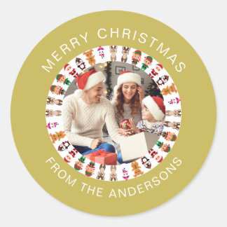 Einfache Elegante Round Christmas Foto Familiennam Runder Aufkleber
