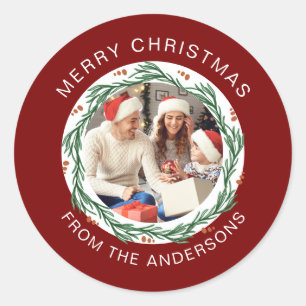 Einfache Elegante Round Christmas Foto Familiennam Runder Aufkleber