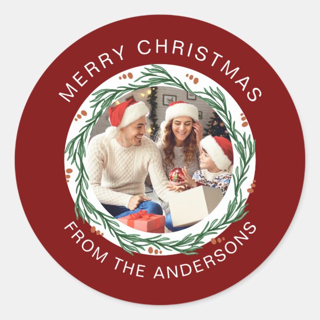 Einfache Elegante Round Christmas Foto Familiennam Runder Aufkleber (Vorderseite)