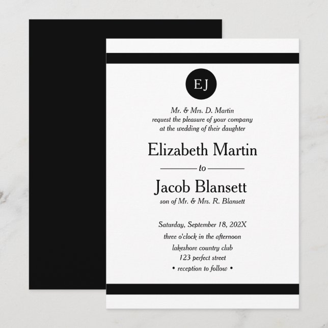 Einfache elegante Schwarz-Weiß-Hochzeit Einladung (Vorne/Hinten)