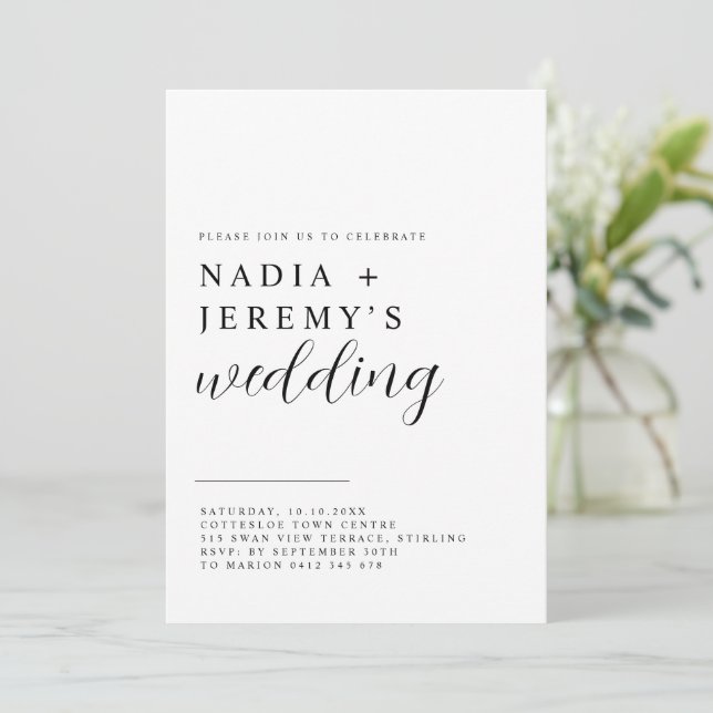 Einfache elegante Schwarz-Weiß-Hochzeit Einladung (Stehend Vorderseite)