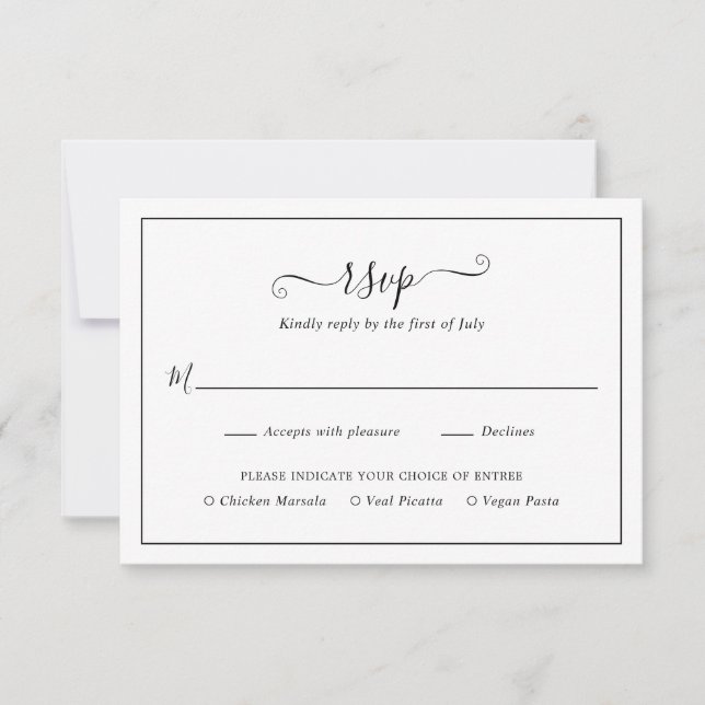 Einfache, elegante Schwarz-Weiß-Hochzeit RSVP Karte (Vorderseite)