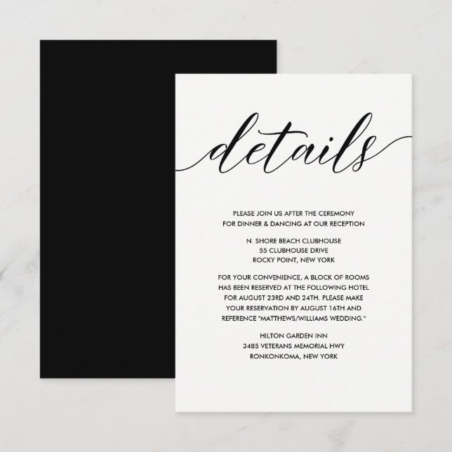 Einfache elegante Schwarz-Weiß-Hochzeitsdetails Begleitkarte (Vorne/Hinten)