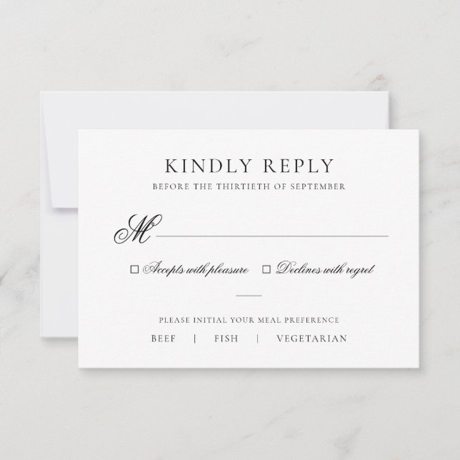 Einfache elegante Schwarz-Weiß-Mahlzeiten RSVP Karte (Vorderseite)