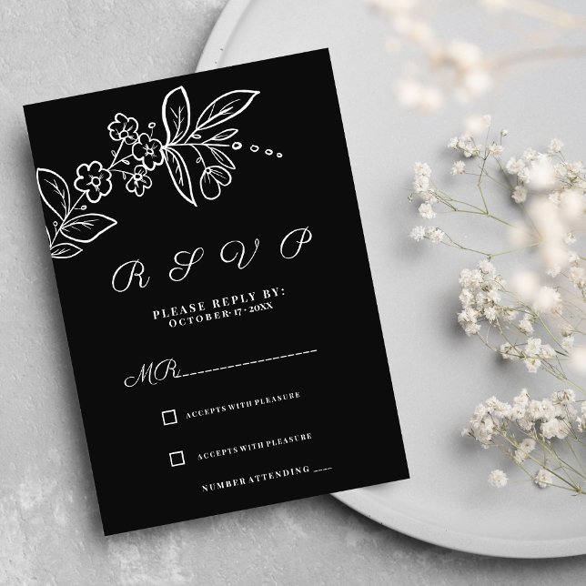 Einfache, elegante Schwarz-weiße UAWG Einladung (Simple elegant black white floral RSVP)