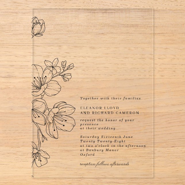Einfache elegante Schwarze Blossom Blumenhochzeit Acryleinladungen (Vorderseite)