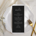 Einfache Elegante Schwarze Hochzeit Menükarte<br><div class="desc">Genießen Sie Ihr Essen mit der Simple Elegant Black Menu Card. Diese Karten sind auf das Hochzeitstil abgestimmt und zeigen einen schwarzen Hintergrund,  klassische Serifenschrift und personalisierte individuelle Namen,  die eine elegante Ergänzung zu den Tischeinstellungen darstellen.</div>