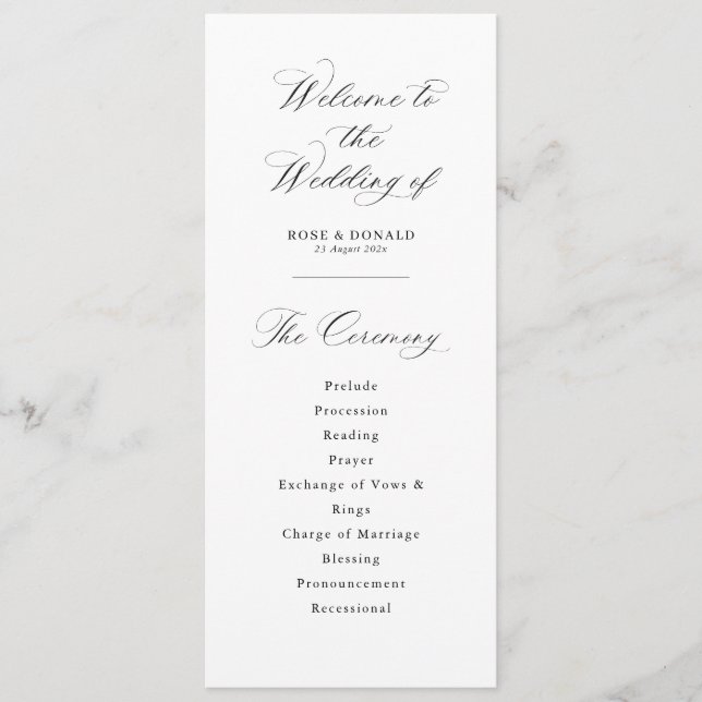 Einfache elegante schwarze und weiße Hochzeit Programm (Vorderseite)