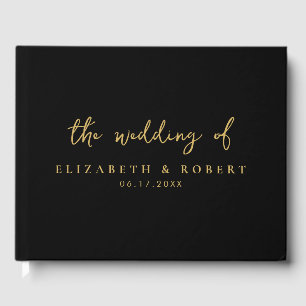 Einfache, elegante Script Black Gold Hochzeit Gästebuch