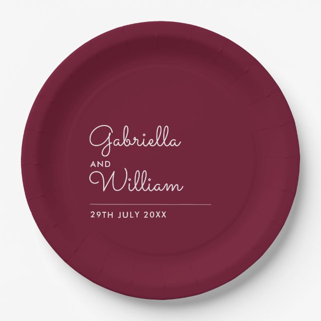 Einfache, elegante Script Burgundy Wedding Pappteller (Vorderseite)