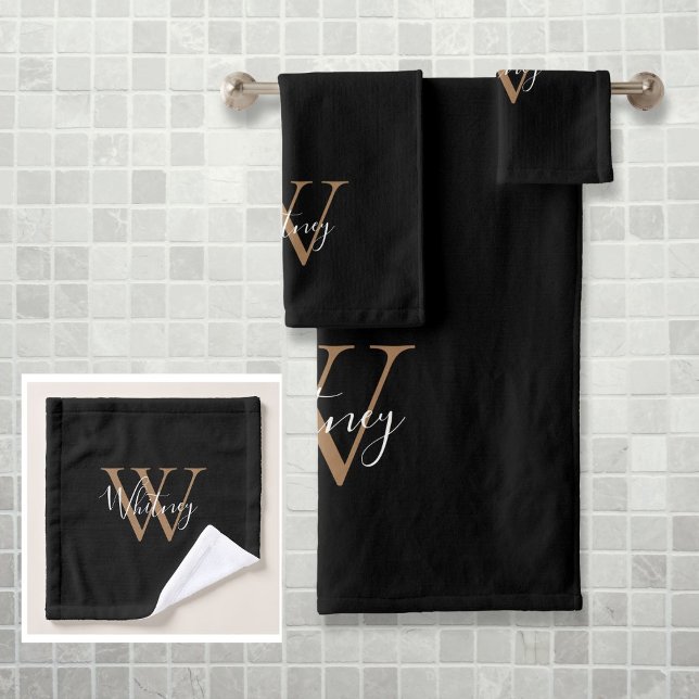 Einfache elegante Script Monogram Black and Gold Badhandtuch Set (Simple Elegant Script Monogram Black and Gold Bath Towel Set)