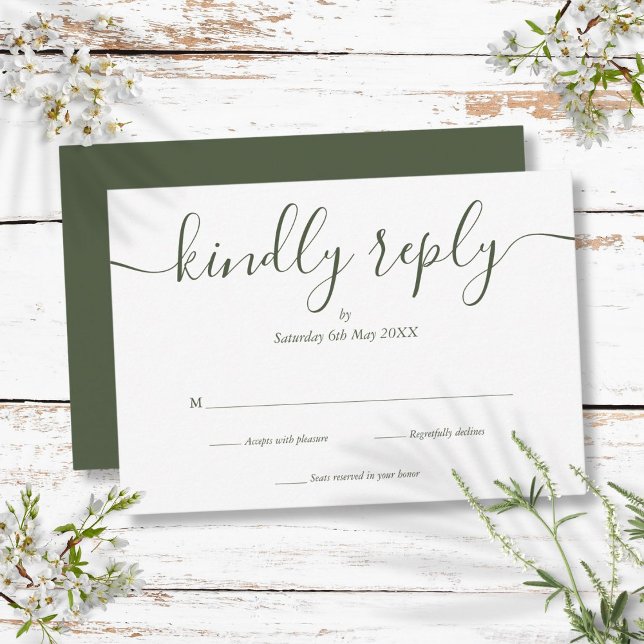 Einfache Elegante Script Olive Green RSVP Karte (Simple Elegant Script Olive Green RSVP Card)