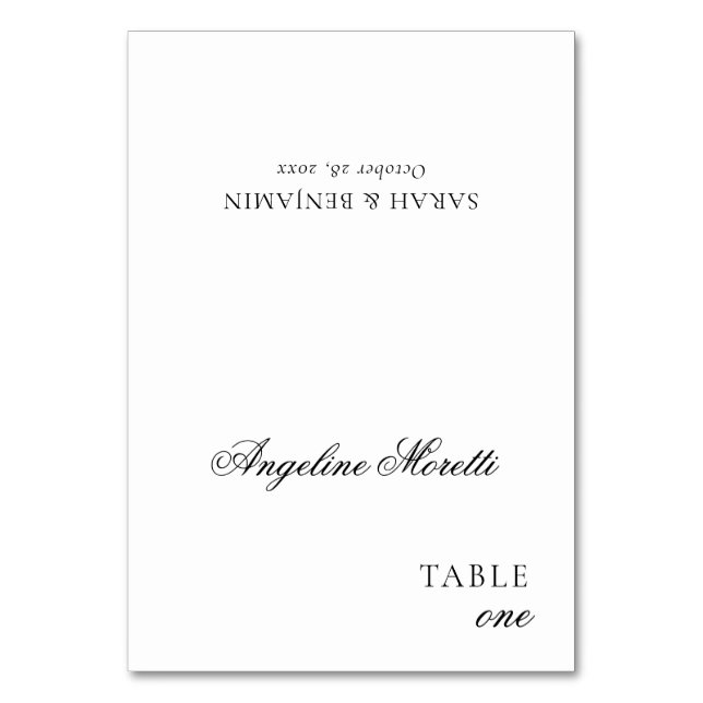 Einfache, elegante Script-Schwarz-Weiß-Platzkarte Tischnummer (Vorderseite)
