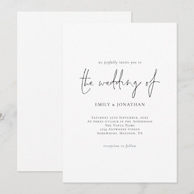 Einfache, elegante Script Schwarz-weiß Wedding Inv Einladung (Vorne/Hinten)