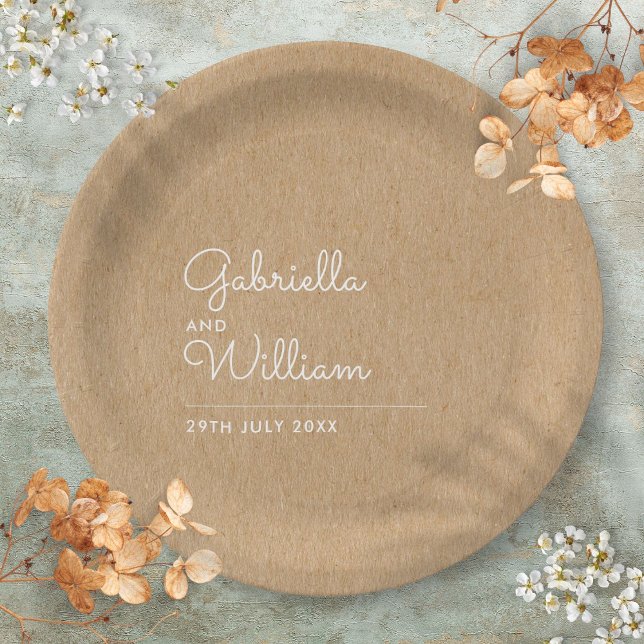 Einfache elegante Skripte Rustic Kraft Wedding Pappteller (Simple Elegant Script Rustic Kraft Wedding Paper Plates)