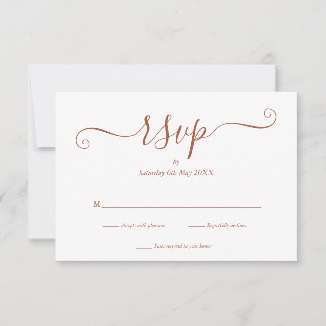 Einfache elegante Terracotta Script Wedding RSVP C Karte (Vorderseite)