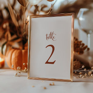 Einfache elegante Terrakotta-Herbst-Boho-Hochzeit Tischnummer