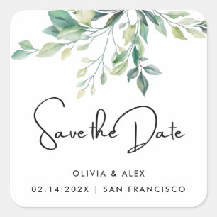 Einfache elegante Texte und Grün SAVE THE DATE Quadratischer Aufkleber
