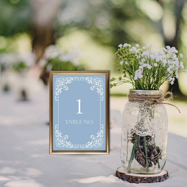 Einfache Elegante Vintage Grenze Tischnummer (Elegant blue and white table number card with classic decorative border for romantic wedding events)