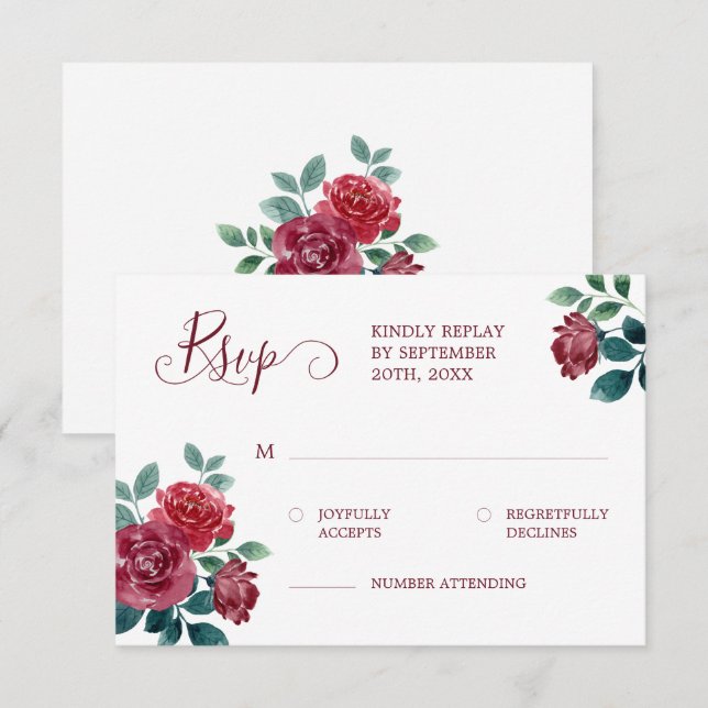 Einfache Elegante Wasserfarben Burgund Hochzeit RSVP Karte (Vorne/Hinten)