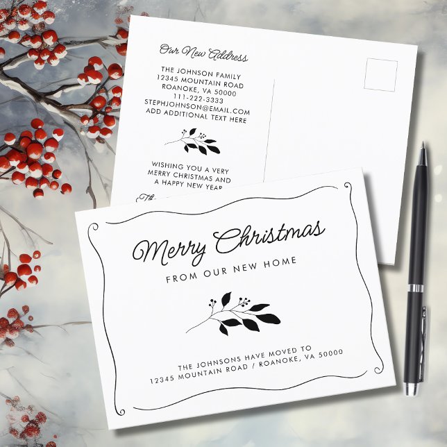 Einfache Elegante Wavy Border Holiday Moving Ankündigungspostkarte (Simple Elegant Wavy Border Christmas Botanical Holiday Moving Announcement Postcard)