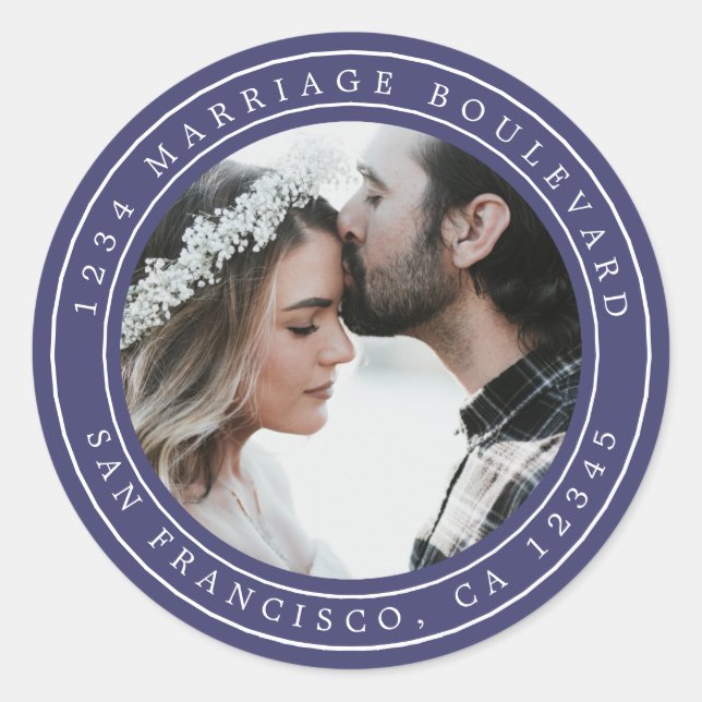 Einfache Elegante Wedding Foto Blue Rücksendeadres Runder Aufkleber (Vorderseite)
