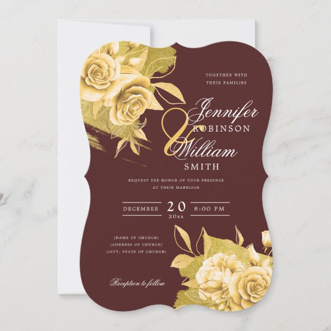 Einfache Elegante Wedding Gold Floral Foil Burgund Einladung (Vorderseite)