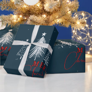 Einfache Elegante Weihnachtsbaume Navy Blue Geschenkpapier
