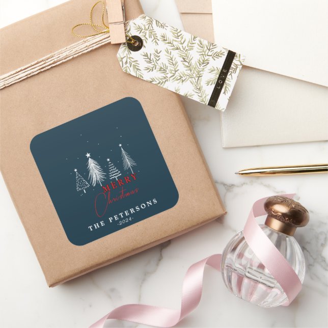 Einfache Elegante Weihnachtsbaume | Navy Blue Quadratischer Aufkleber (Schenken)