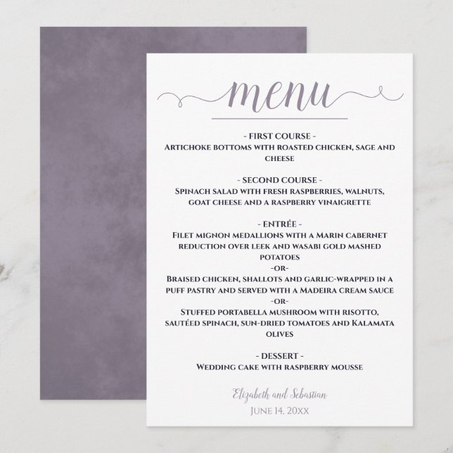 Einfache elegante Weiß mit Navy & Lavender Wedding Menükarte (Vorne/Hinten)