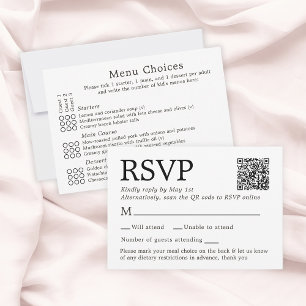 Einfache elegante weiße RSVP-Karte mit Menüauswahl RSVP Karte