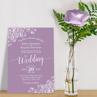Einfache, elegante weiße Spitze auf Lila Hochzeit