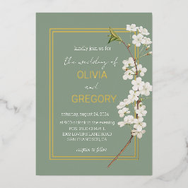 Einfache, elegante Weißkirsche Blossom & Goldrahme Folieneinladung