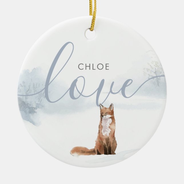 Einfache Elegante Winter Woodland Scene Fox Keramik Ornament (Vorne)