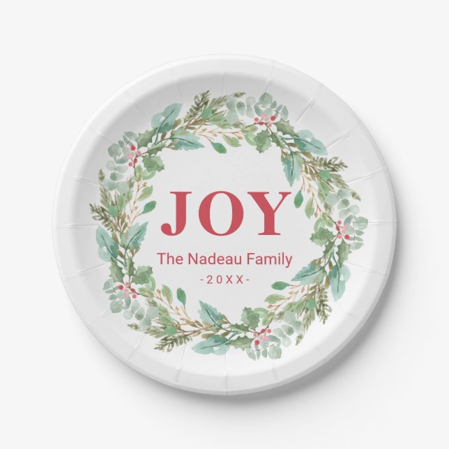 Einfache Elegante Wreath Joy Moderne Weihnachten Pappteller (Vorderseite)