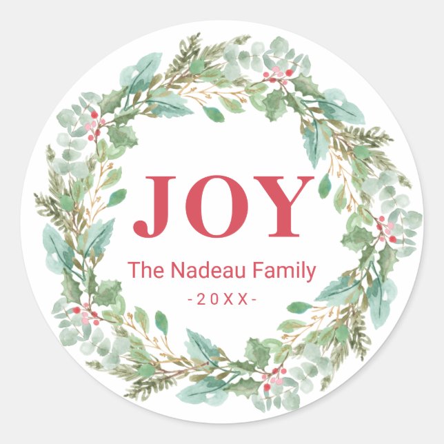 Einfache Elegante Wreath Joy Moderne Weihnachten Runder Aufkleber (Vorderseite)