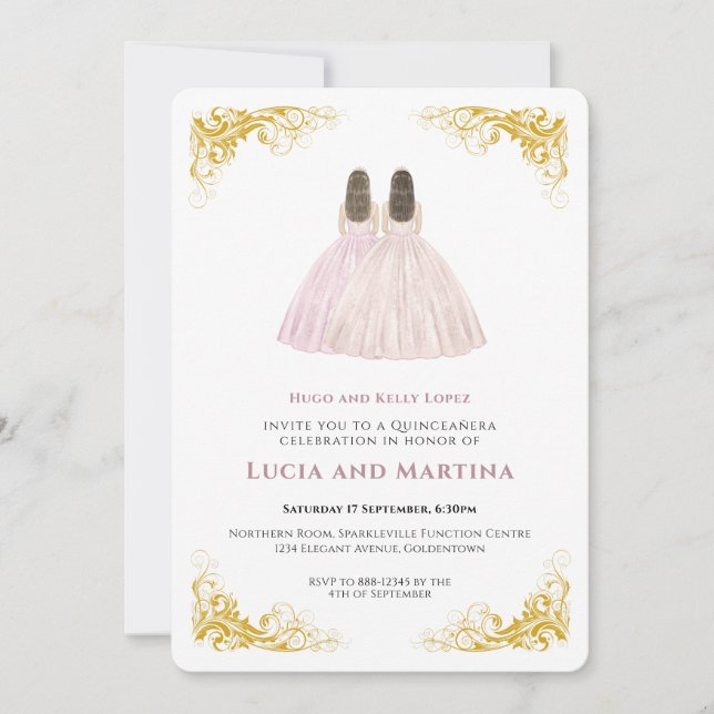 Einfache elegante Zwillinge Einladung Quinceanera (Vorderseite)