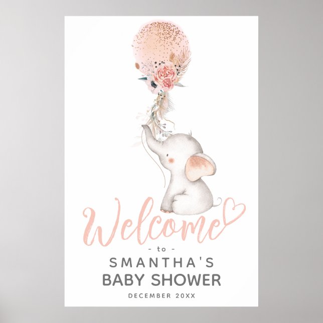 Einfache Elephant & Balloon Girl Baby Dusche Willk Poster (Vorne)