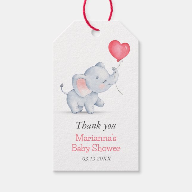 Einfache Elephant & Heart Balloon Babydusche Geschenkanhänger (Vorderseite)