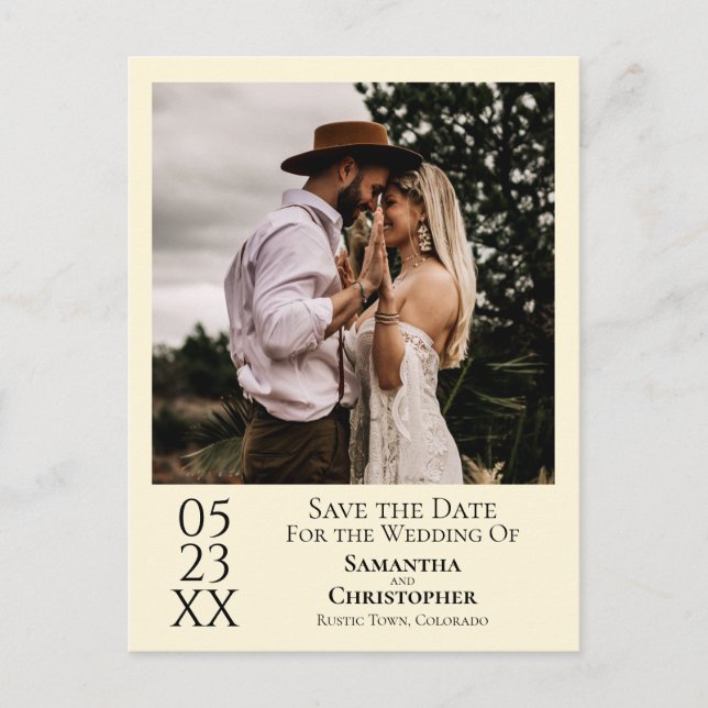 Einfache Elfenbein-Hochzeit Sichern Sie das Date-F Postkarte (Vorderseite)